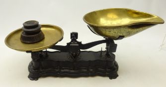 Set of vintage cast iron and brass kitchen scales with weights,