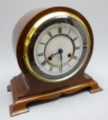 Edwardian mahogany mantel Clock, balloon shaped case outlined with banding,