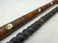 Chinese walking stick formed from a row of carved hardwood beads with horn handle L86cm and another