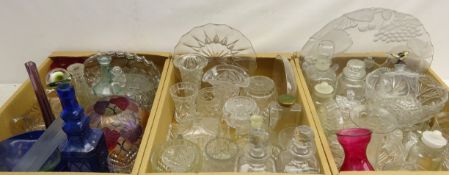 Large collection of glass comprising cut glass cruets, drinking glasses, globular glass shade,