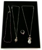 Silver amethyst pendants, necklace and ring,