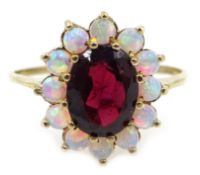 Garnet and opal gold cluster ring, hallmarked 9ct Condition Report Approx 1.