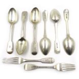 Set of six silver fiddle pattern dessert spoons by William Eaton London 1843 and two similar forks