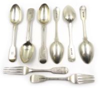 Set of six silver fiddle pattern dessert spoons by William Eaton London 1843 and two similar forks