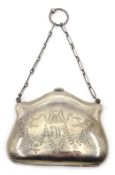Early 20th century silver purse, leather divided interior, Birmingham 1917,