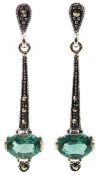 Silver green tourmaline and marcasite pendant ear-rings,