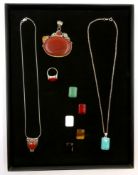 Silver interchangeable stone set necklace, red onyx and fire opal pendant,