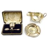 Silver sauce boat, ashtray and christening set boxed,