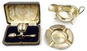 Silver sauce boat, ashtray and christening set boxed,