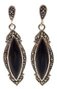 Pair of silver black onyx and marcasite pendant ear-rings,