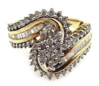 9ct gold baguette and round diamond cross over ring,
