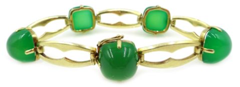 Five stone cushion cut cabochon jade, gold link bracelet,