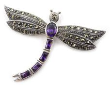 Silver amethyst and marcasite dragonfly brooch,