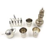 1930's Silver toast rack, mustard pot and spoon,