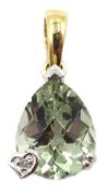 9ct gold light green amethyst and diamond pendant,