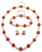 Circular coral link gold necklace, mother of pearl back, matching bracelet and stud ear-rings,