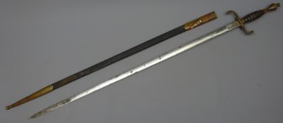 19th century French rapier with 79cm steel blade, brass hilt with single ring, curving quillons,