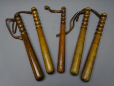 City of London Police turned hardwood Truncheons, variously stamped, with leather wrist straps,