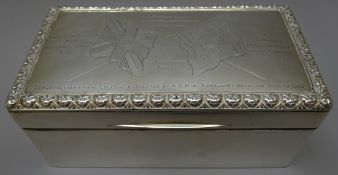 Edwardian silver presentation rectangular cigarette box,