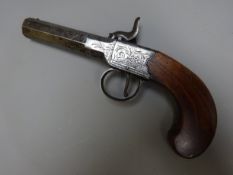 19th century 60 bore boxlock percussion pistol with walnut stock, chased action and trigger guard,