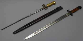 WWl Bayonet with 43cm single edge fullered blade, ricasso stamped Crowned GR over 1907, Wilkinson,