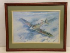 After E.Mills, colour print of a Spitfire in flight, dedicated to James H.