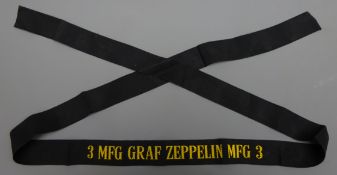 3 MFG Graf Zeppelin Airship silk cap tally, gold thread on black, unused,