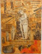 Iraq war, collage of related newspaper cuttings and soldiers, on canvas, 102 x 76cm,