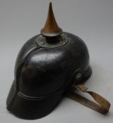 German leather Picklehaube helmet with brass spike adjustable leather liner and chin strap,
