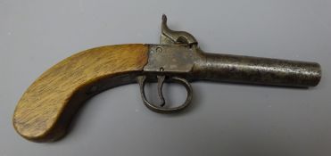 19th century percussion cap Pocket pistol, 7cm turn-off circular steel barrel, shaped walnut grip,