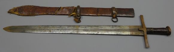 Sudanese Kaskara Sword , 65cm broad double edged fullered blade engraved opposing moons,
