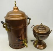 20th century large copper two handled samovar with brass tap and finial,