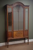 Edwardian mahogany display cabinet, stepped arch top with fluted frieze carved with flower heads,