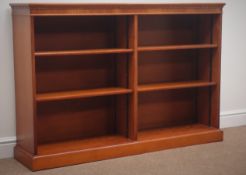 Yew wood open bookcase, projecting cornice, dentil frieze, four adjustable shelves, plinth base,