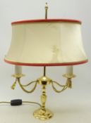 Two branch gilt metal table lamp with shade,