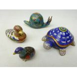 Four miniature Chinese Cloisonne animals comprising a Duck shaped box and cover, Turtle,