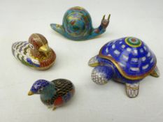 Four miniature Chinese Cloisonne animals comprising a Duck shaped box and cover, Turtle,