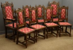 Set eight (6+2) Carolean style oak dining chairs, carved cresting rail, upholstered back and seat,