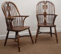 Pair 20th century high back Windsor armchairs, stick and pieced splat backs,