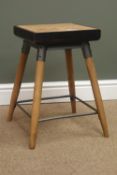 Square oak parquet top stool, rustic leather style edge banding, turned legs, metal stretchers,