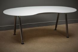 Kidney shaped opaque glass top desk with chrome style splayed legs, W160cm, H60cm,