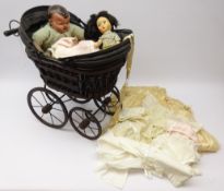 Composite doll and cloth doll, vintage lace & satin christening gown, baby's cotton dresses,