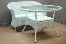 Blue rattan style circular glass top garden table and a similar seat (2)