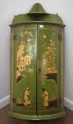 Edwardian green Chinoiserie lacquered wall hanging corner cupboard,