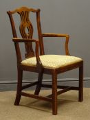 Chippendale style mahogany elbow chair, cresting rail above fret work splat,