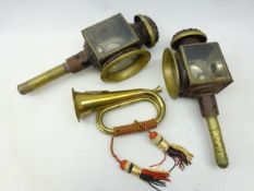 Argyll & Sutherland Highlanders brass bugle and pair of brass coach lamps,