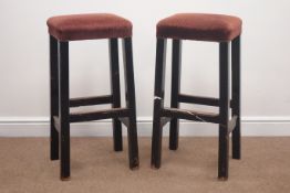 Pair 20th century black painted beech bar/pub stool with upholstered seats,