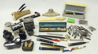 Collection of writing items including; Pelikan fountain pen, dip pens and a variety of nibs,