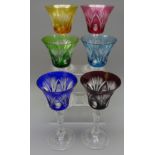 Harlequin set of six long stemmed Bohemian flash-cut glass wine glasses,