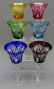 Harlequin set of six long stemmed Bohemian flash-cut glass wine glasses,